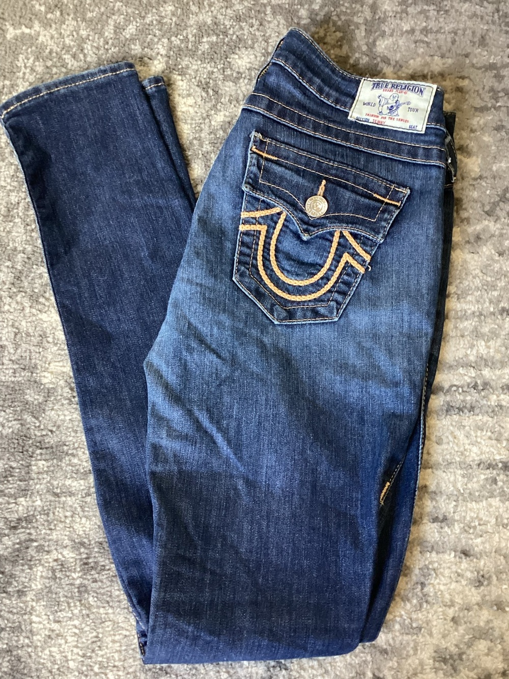 True Religion Women’s Skinny Jeans Low Rise Dark Wash, Thick Stitch Horseshoe 28